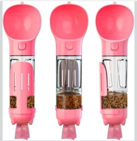 Portable 4-in-1 Pet Water Bottle With Food Storage, Poop Bag Dispenser, and Spoon. 300ml Capacity. Available In Yellow, Pink, Green, and Other Colors. (Color: Pink)