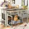 44.48" Large Dog Crate Furniture, Indoor Wooden Dog Kennel End Table with 2 Storage Drawers and Rotating Bowls