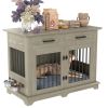 44.48" Large Dog Crate Furniture, Indoor Wooden Dog Kennel End Table with 2 Storage Drawers and Rotating Bowls